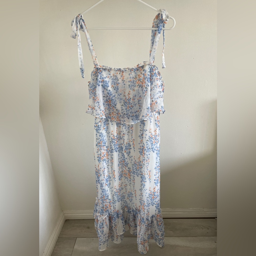 Selfie Floral Chiffon Ruffle Midi Dress Blue/White (NWT) (Large)